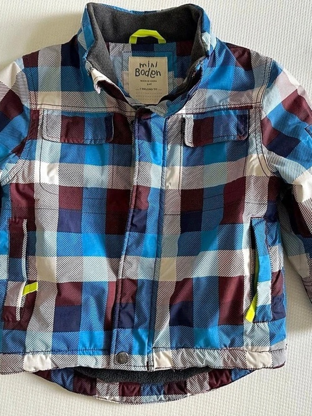 Mini Boden Boys Size 3-4Y Plaid Puffer Ski Jacket Blue & Burgundy